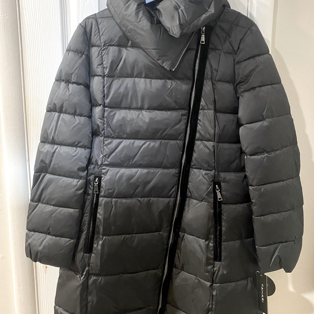 Tahari Womens Brooklyn Black Down Asymmetrical Puffer Coat Outerwear